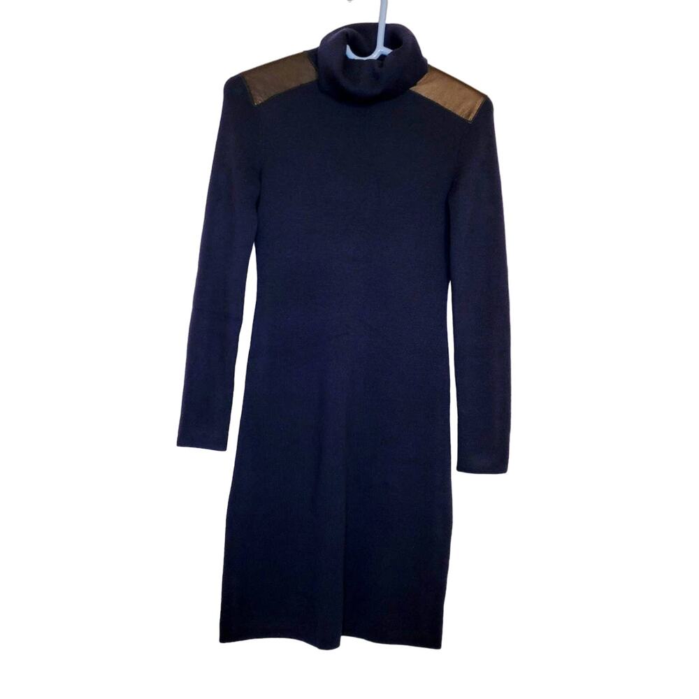 Kate Spade wool ribbed knit turtleneck sweater dress leather patch XXS Old Money